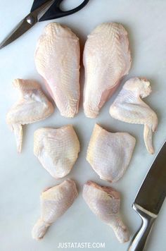 the raw chicken is cut up and ready to be cooked