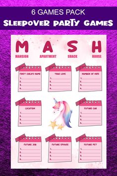 a printable sleepover party game with unicorns and stars