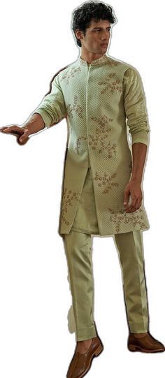 Celedon Sleeveless Mint Green Sherwani Set Contrast by Parth - Fabilicious Fashion Green Sherwani, Indian Wedding Wear, Formal Pants, Floral Jacquard, Fashion App, Wedding Wear, Aza Fashion, Neck Designs, Indian Wedding