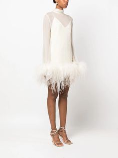 Taller Marmo Gina Spirito feather-trim Minidress - Farfetch White Long Sleeve Dress With Feather Trim, White Ostrich Feather Evening Dress, Elegant White Mini Dress With Feathers, Winter Engagement Party, White Feather Dress, Taller Marmo, Second Wedding Dresses, Wedding Reception Dress, Wedding Guest Looks