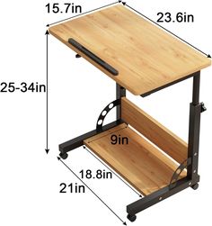 a wooden table with two shelves on each side and measurements for the height of it