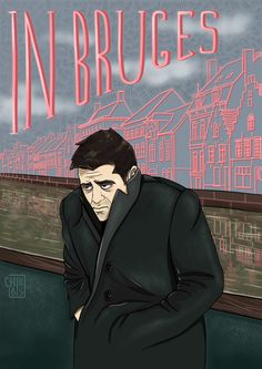 a painting of a man in a suit leaning against a wall with the words in bruges on it