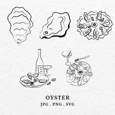 an image of oysters and other foods on a white paper background with the words oyster jpg, png, svg