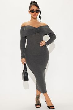 Available In Black, Red, And Heather Grey. Midi Dress Off Shoulder Neckline Long Sleeve Ruched Stretch 60% Cotton 35% Rayon 5% Spandex Imported | Sweet Like Honey Midi Dress in Charcoal size Medium by Fashion Nova Midi Dress Off Shoulder, Sweet Like Honey, Dress Off Shoulder, Grey Midi Dress, Sweet Dress, Black Handbags, Fashion Nova, Black Red, Heather Grey