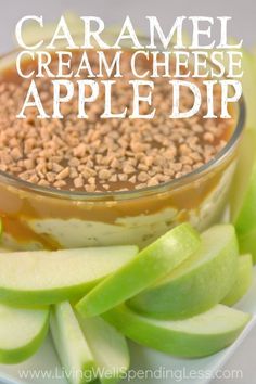 caramel cream cheese apple dip in a bowl with apples on the side and text overlay that reads caramel cream cheese apple dip