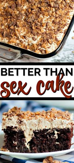 Better than sex cake is a classic recipe. It's a chocolate poke cake with delicious frosting and topped with heath bar bits! The sauce mixes caramel and sweetened condensed milk. You can use a cake mix or a chocolate cake from scratch. Whip Frosting, Chocolate Cake From Scratch, Fabulous Desserts, Heath Bar, Chocolate Desserts Cake, Pantry Recipes, Chocolate Poke Cake, Devils Food Cake Mix Recipe