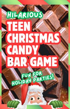 a christmas candy bar game for holiday parties with santa claus and chocolate bars in the background