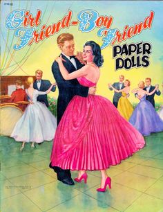 a man and woman dance in front of an advertisement for paper dolls from the 1950's