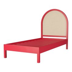 a bed with a red frame and headboard