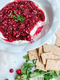 a white plate topped with cheese and cranberry sauce next to crackers on a table