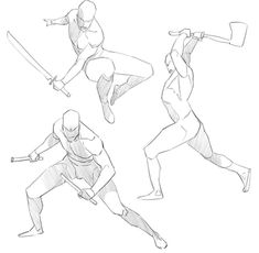 four different poses of the same person with swords