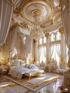 an elegant bedroom with gold and white decor, chandelier and bed canopy in the middle