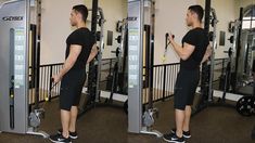 a man standing in front of a gym machine with the same weight as he is doing exercises