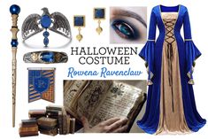 a collage of costume items including an open book