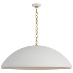 a white and gold pendant light hanging from a chain on an isolated ceiling lamp fixture