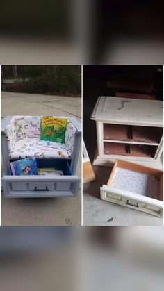 three different pictures of an old couch and book shelf with books on it, one is empty