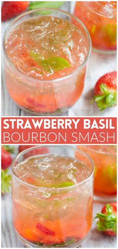 strawberry basil bourbon smash in two glasses with strawberries on the side and green garnish