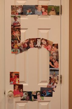 a door decorated with photos and magnets to spell the letter e on it's front door