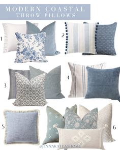 Coastal Cushions Couch, Modern Coastal Mantle Decor, Costal Pillows, Aloha Decor, Blue Living Room Decor Ideas, Palette Bleu, French Coastal Decor, Organic Coastal, Elegant Coastal Decor