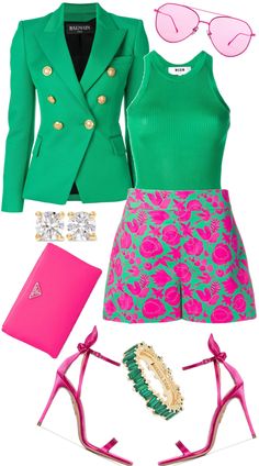 Outfit Ideas With Pink Bag, Pink And Green Summer Outfits, Pink Dress Green Shoes, Green Dress Outfit Ideas, Pink Green Outfit, Neon Outfit Ideas, Green And Pink Outfit, Pink And Green Outfit, Green Outfit Ideas