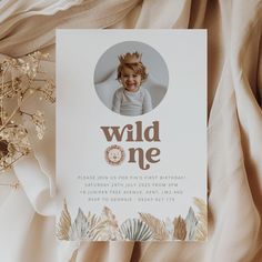 a birthday card with a photo of a baby on it and the words wild one