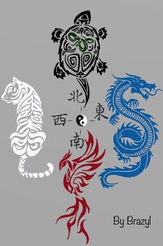 three different colored dragon and turtle designs on a gray background with chinese characters in the middle