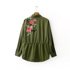 Army Green Floral Embroidery Patched Rivet Design Flight Jacket - Uniqistic.com Unique Coats, Drawstring Coat, Green Peacock, Basic Jackets, Rose Embroidery, Flight Jacket, Green Coat, Mode Inspo, Embroidered Jacket