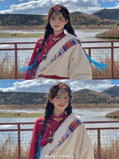 two pictures of the same woman in native clothing