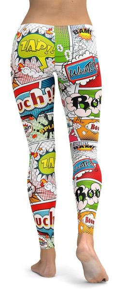 Escape to the world of comic books when wearing these artsy superhero print leggings. These sporty leggings are constructed with durability in mind, using high quality material that has just the right amount of stretch for comfort and flexibility. Funky Leggings, Sporty Leggings, Squat Proof Leggings, Cool Text, Baby Dress Patterns, Workout Outfits, Stretchy Leggings, Plus Size Leggings, Soft Leggings