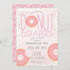 a pink and gold donut birthday party card