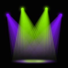 three green and purple spotlights on a black background