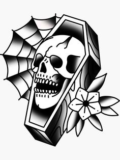 a black and white drawing of a skull with flowers