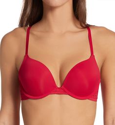 Lace sides give this serious push-up bra a lighter, more classic lingerie look. Made of nylon and spandex. Contour/t-shirt underwire cup has heavy graduated push-up padding inside cup that lifts breast for a fuller look. Microfiber cup overlay gives cups a sleek texture. Plunging neckline for easy wear with low-cut fashions. Center - wide, low-set lace triangle panel. Sides and back are stretch lace with sewn-on elastic along top and microfiber-covered elastic at bottom. Straps have soft undersi Classic Push-up Bra With Medium Bust Support, Classic Push-up Bra, Classic Stretch Push-up Bra, Classic Padded Push-up Bra, Solid Push-up Bra With Padded Cups, Solid Color Push-up Bra With Padded Cups, Push-up Bra With Padded Cups, Shaping Push-up Bra With Padded Cups, Padded Shaping Push-up Bra