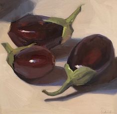 an oil painting of three eggplant on a white surface