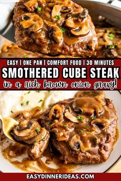 steak with mushrooms and gravy in a skillet on the side text reads easy one pan comfort food i 30 minutes smothered cube steak in a rich brown