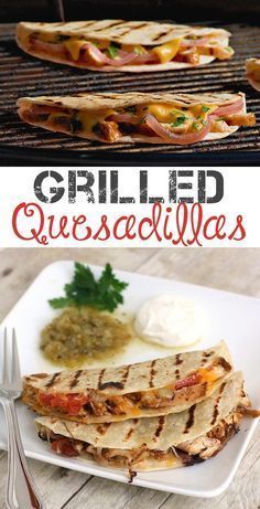 grilled quesadillas on a plate with salsa and sour cream