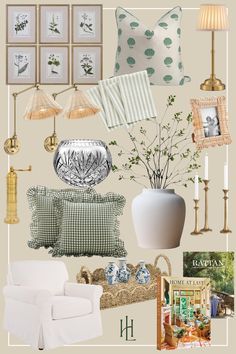 a collage of photos and furniture in neutral tones with green accents on the walls