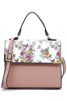 Fashion Top Handle SatchelFaux vegan leatherMagnetic snap closureGold-tone hardwareDetachable shoulder strapL 9.5 * H 8 * W 4 (4.5 D) Spring Faux Leather Bag With Detachable Strap, Elegant Floral Print Shoulder Bag For Spring, Leather Bag With Floral Print For Spring, Pink Floral Print Leather Bag, Feminine Floral Print Shoulder Bag For Spring, Trendy Spring Shoulder Bag With Adjustable Strap, Feminine Shoulder Bag With Detachable Strap For Spring, Blue Jean Romper, Colorblock Top