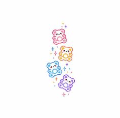 four teddy bears are arranged in the shape of a rainbow line on a white background