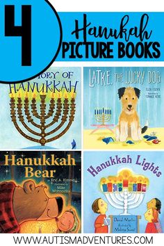 four hanukkah pictures with the words hanukkah written below them