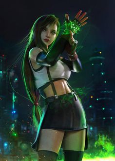 a woman with long hair and green gloves holding a light up object in her hand