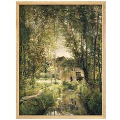 a painting of a house in the woods with trees around it and water running through the foreground