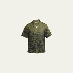 Moncler "Archivio" camp shirt with fern print Spread collar; button front  Short sleeves Signature patch on left sleeve Cotton Unlined Dry clean Made in Romania Green Camp Collar Shirt For Outdoor, Green Camp Collar Top With Palm Tree Print, Green Camp Collar Top For Outdoor, Green Palm Tree Print Top With Camp Collar, Made In Romania, Camp Shirt, Camping Shirt, Sleeve Cotton, Fern