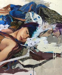 a painting of a woman laying down with her head covered by fabric and flowers in her hair