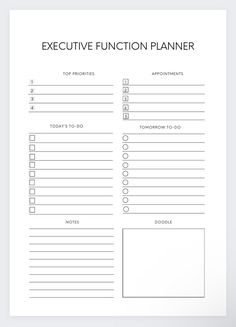 an executive function planner is shown in black and white