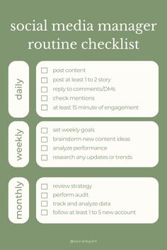 the social media manager routine checklist is shown in green and white with an arrow pointing to