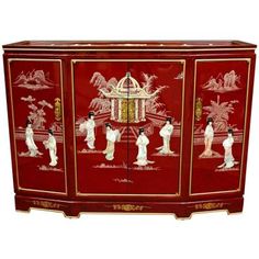 Oriental Furniture Red Lacquer Slant Front Cabinet Beveled Glass Doors, Antique China Cabinets, Asian Landscape, Accent Chests And Cabinets, Beautiful Cabinet, Red Lantern, Fireplace Tv Stand, Asian Decor, Red Lacquer