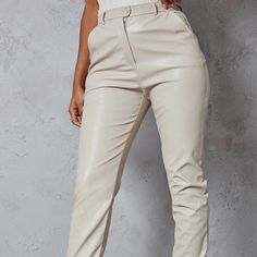 Cream Leather Joggers Never Worn With Tags Still Attached Size 8 ! Elegant Faux Leather Bottoms For Day Out, Trendy Beige Pants For Night Out, Fitted Cream Bottoms For Night Out, Trendy Beige Faux Leather Bottoms, Beige Faux Leather Bottoms For Workwear, Casual Beige Faux Leather Bottoms, Leather Jogger Pants, Pleather Leggings, Ruched Leggings