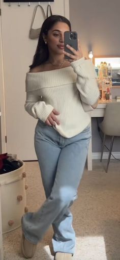 White Knit Sweater Outfit Aesthetic, Feminine Cozy Outfit, Outfits With Off The Shoulder Tops, Fashion Inspo Outfits Modest, Loose Feminine Outfits, Retail Employee Outfit, Midsize Body Outfits Casual, Blue Girly Outfits, Boba Date Outfit