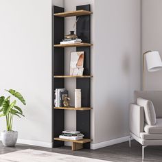 a living room with a white chair and a book shelf in the corner next to a potted plant